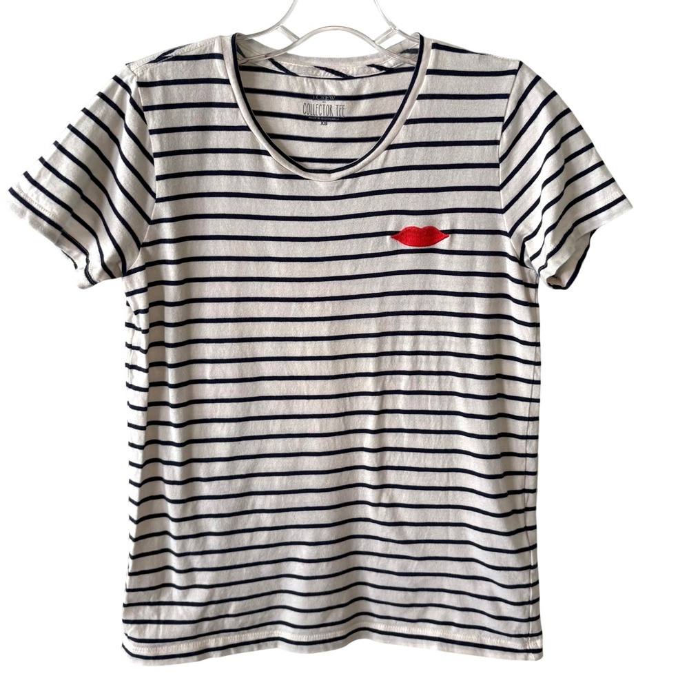 J. Crew Factory Women's Navy and White Striped Embroidered Lips Tee in Size XS